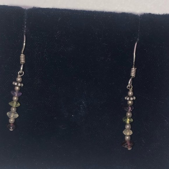 VTG Sterling Amethyst Peridot Clear Quartz &Garnet Stone Earrings 1.5” - Picture 2 of 4